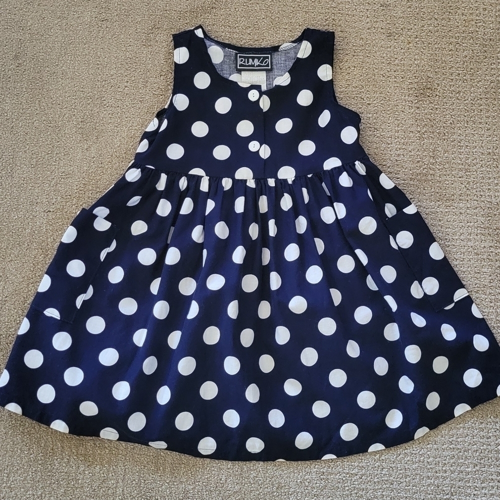 Rumiko Navy & White Sleevless Polka Dotted Button Down Girls Dress
